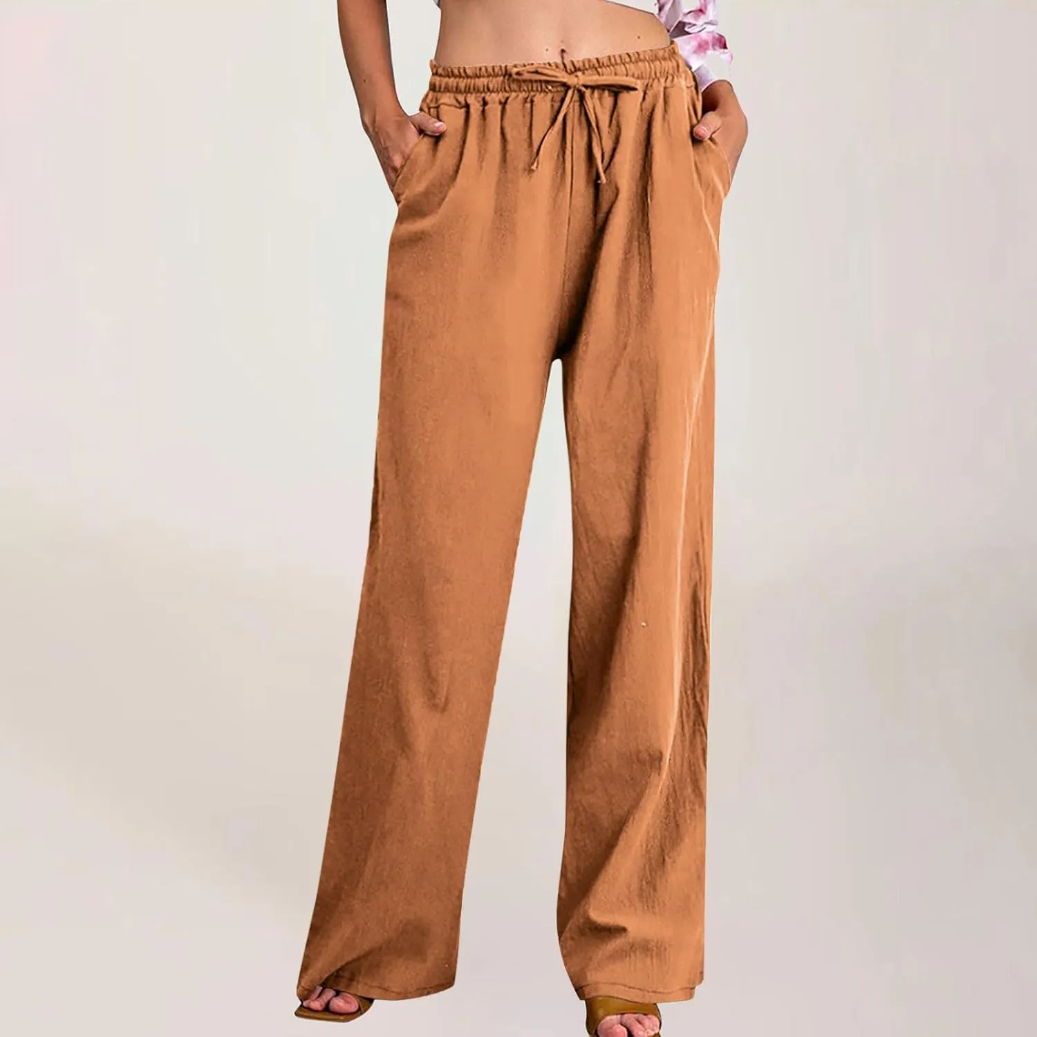 Cotton Linen Pants for Women Dressy Casual Trousers Loose Drawstring Waist Lounge Long Pants Pockets Summer Outfits