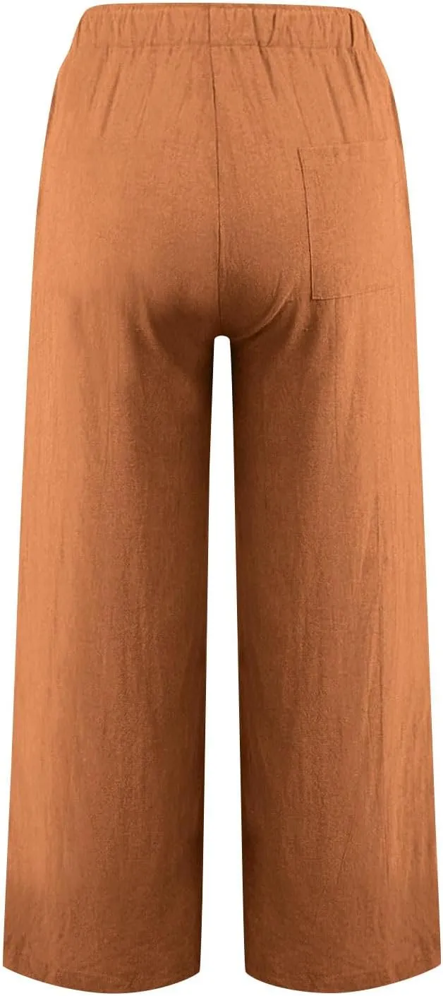 Cotton Linen Pants for Women Dressy Casual Trousers Loose Drawstring Waist Lounge Long Pants Pockets Summer Outfits