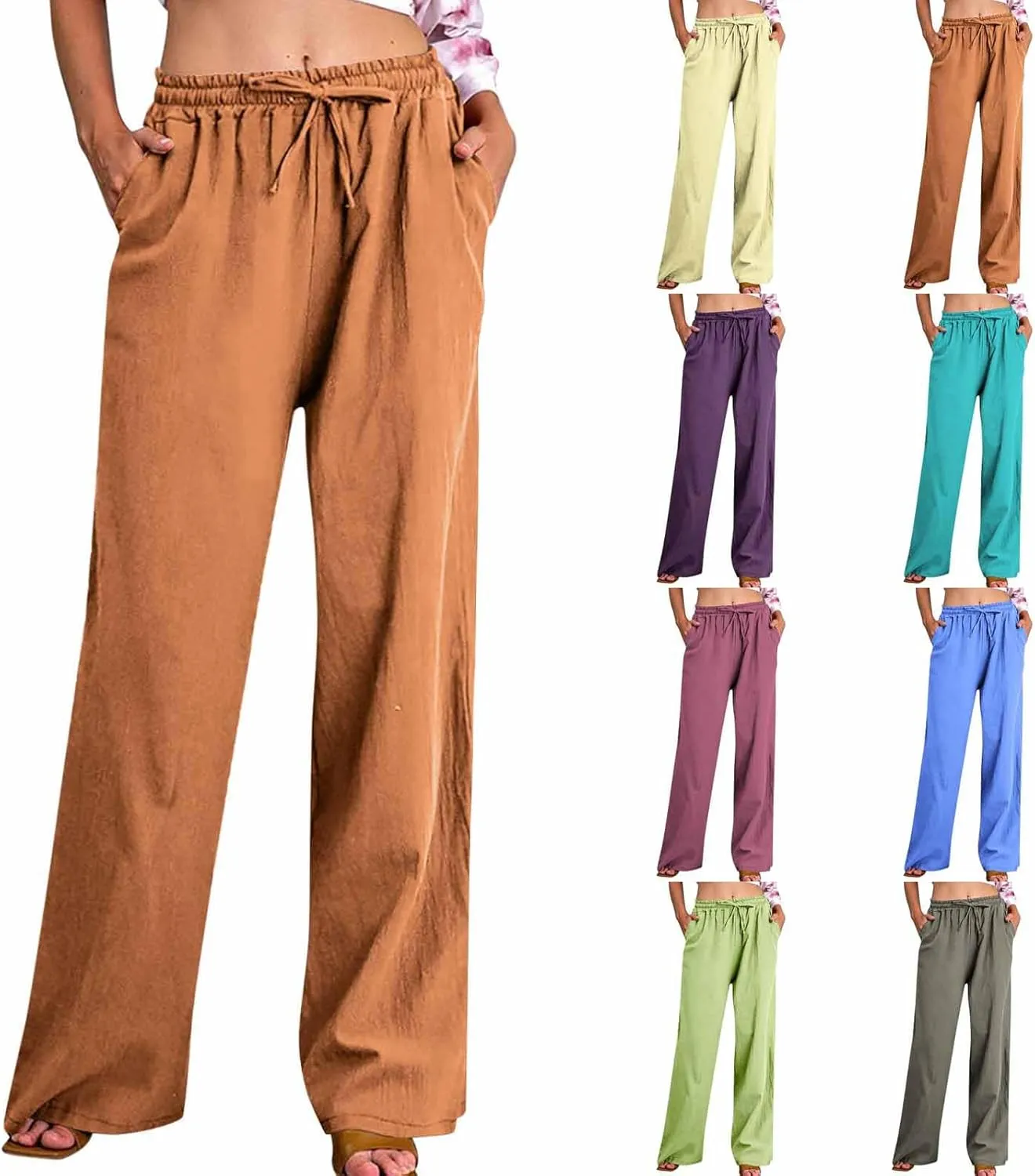 Cotton Linen Pants for Women Dressy Casual Trousers Loose Drawstring Waist Lounge Long Pants Pockets Summer Outfits