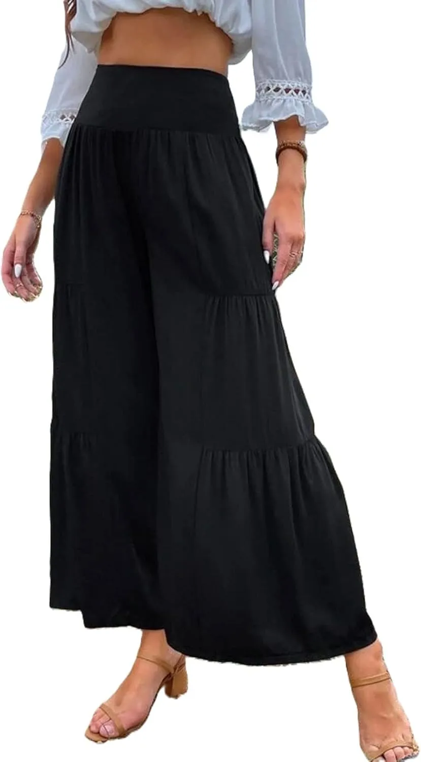 Cotton Linen Wide Leg Palazzo Pants for Women Boho Loose Elastic High Waist Ruffle Tiered Smocked Flowy Trousers