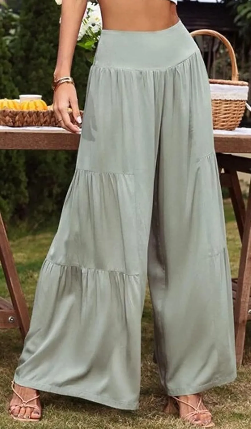 Cotton Linen Wide Leg Palazzo Pants for Women Boho Loose Elastic High Waist Ruffle Tiered Smocked Flowy Trousers