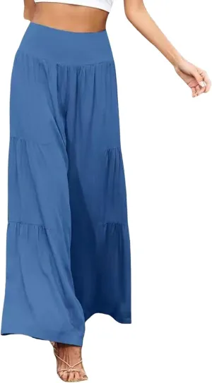 Cotton Linen Wide Leg Palazzo Pants for Women Boho Loose Elastic High Waist Ruffle Tiered Smocked Flowy Trousers