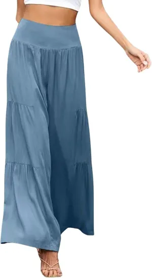Cotton Linen Wide Leg Palazzo Pants for Women Boho Loose Elastic High Waist Ruffle Tiered Smocked Flowy Trousers
