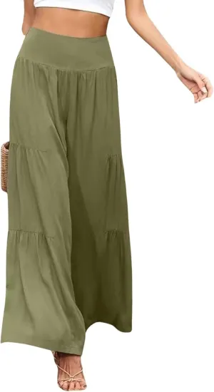 Cotton Linen Wide Leg Palazzo Pants for Women Boho Loose Elastic High Waist Ruffle Tiered Smocked Flowy Trousers