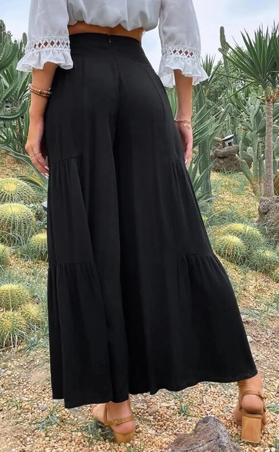 Cotton Linen Wide Leg Palazzo Pants for Women Boho Loose Elastic High Waist Ruffle Tiered Smocked Flowy Trousers