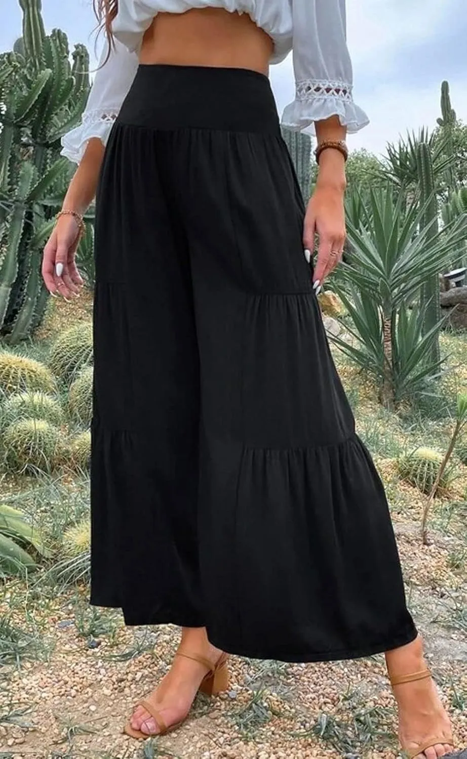 Cotton Linen Wide Leg Palazzo Pants for Women Boho Loose Elastic High Waist Ruffle Tiered Smocked Flowy Trousers