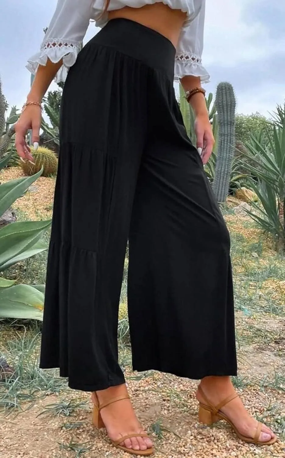 Cotton Linen Wide Leg Palazzo Pants for Women Boho Loose Elastic High Waist Ruffle Tiered Smocked Flowy Trousers