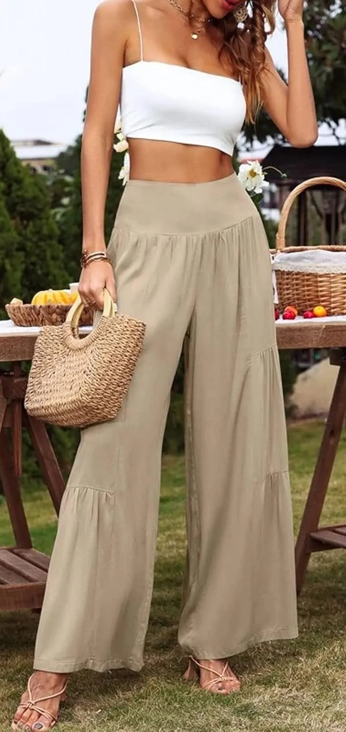 Cotton Linen Wide Leg Palazzo Pants for Women Boho Loose Elastic High Waist Ruffle Tiered Smocked Flowy Trousers