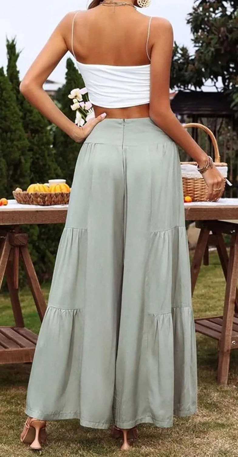 Cotton Linen Wide Leg Palazzo Pants for Women Boho Loose Elastic High Waist Ruffle Tiered Smocked Flowy Trousers