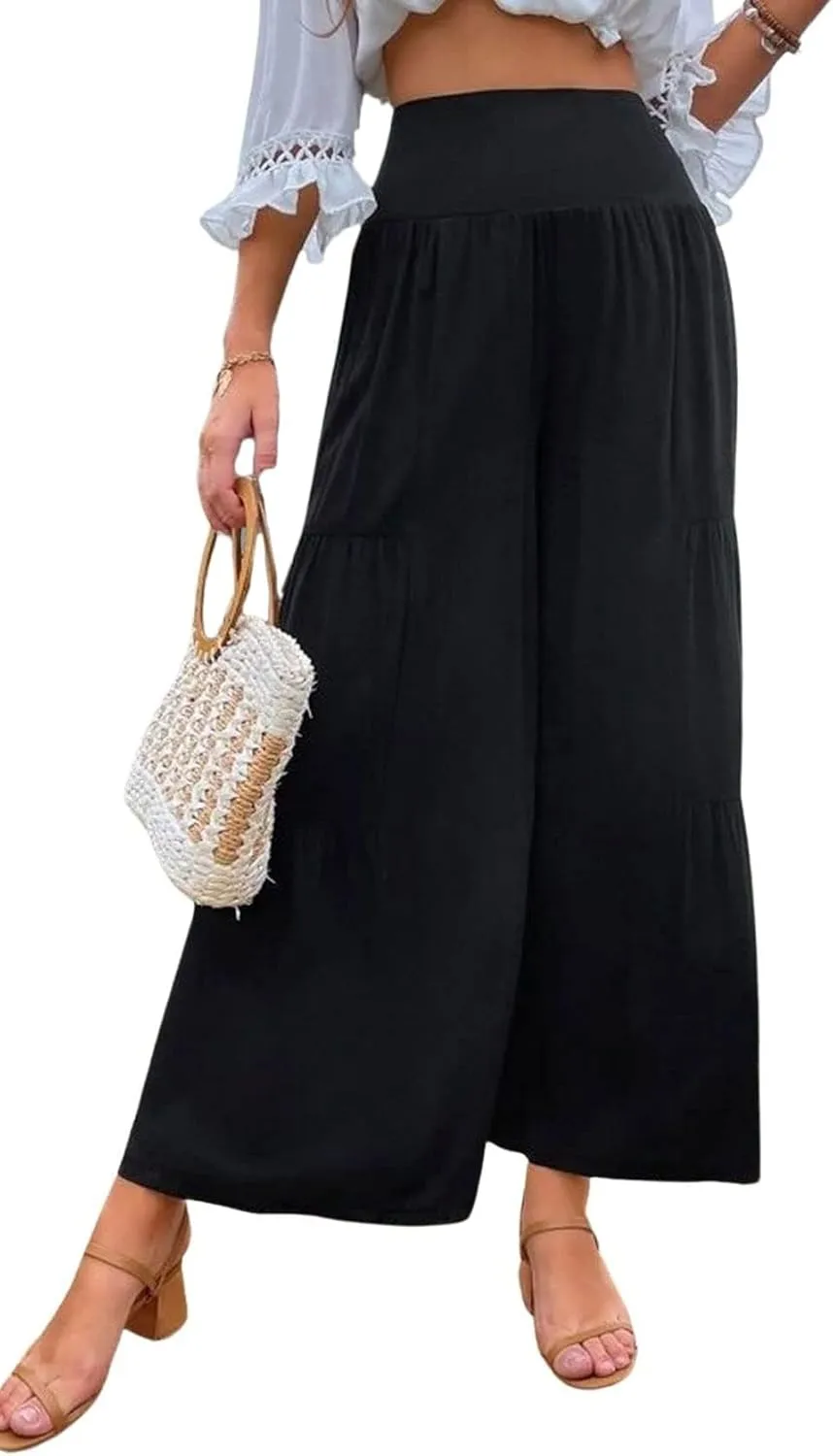 Cotton Linen Wide Leg Palazzo Pants for Women Boho Loose Elastic High Waist Ruffle Tiered Smocked Flowy Trousers