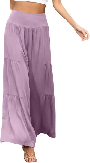 Cotton Linen Wide Leg Palazzo Pants for Women Boho Loose Elastic High Waist Ruffle Tiered Smocked Flowy Trousers