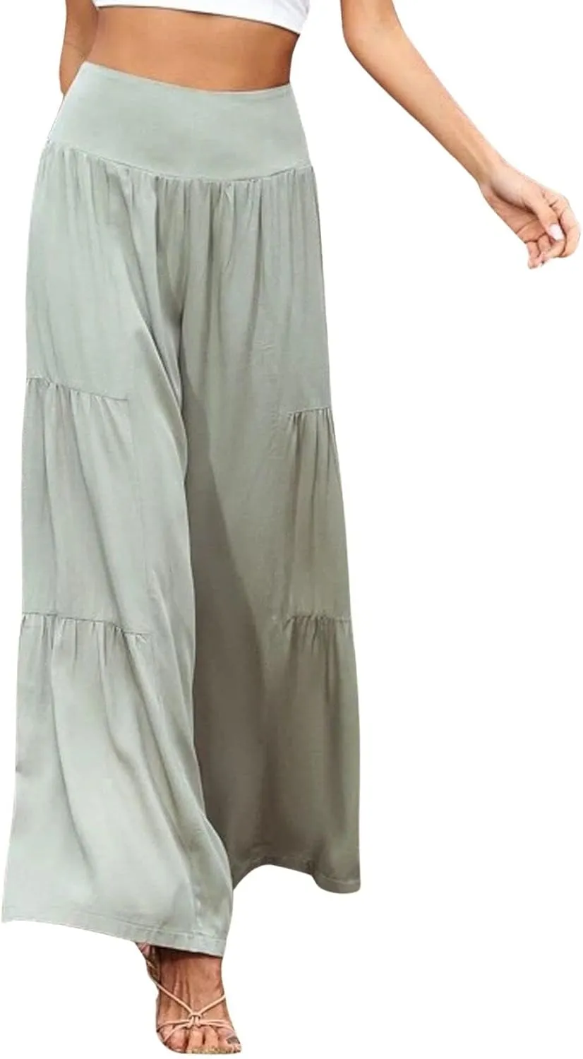 Cotton Linen Wide Leg Palazzo Pants for Women Boho Loose Elastic High Waist Ruffle Tiered Smocked Flowy Trousers