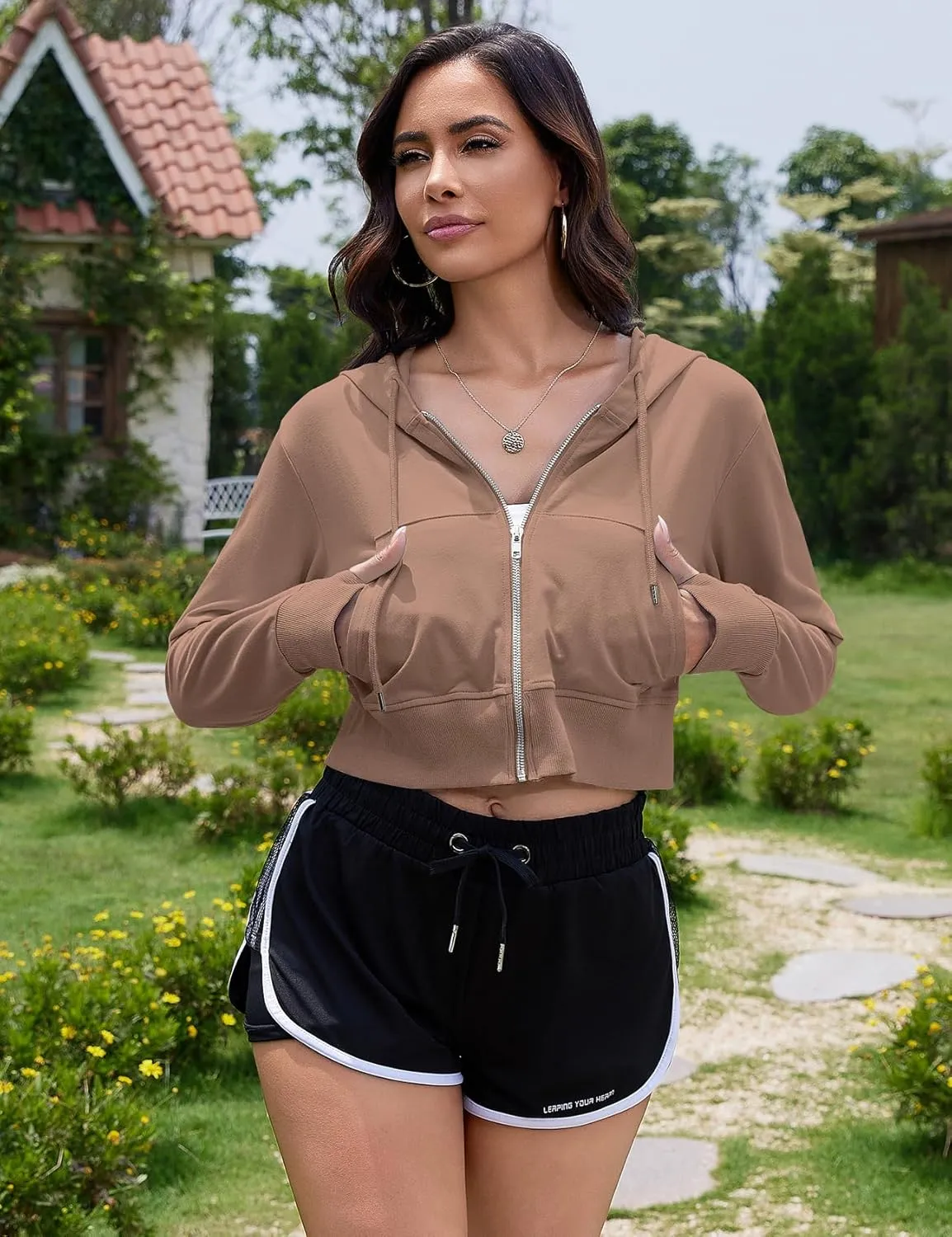 COZYPOIN Women's Zip Up Hoodies Cropped Casual Pocketed Cardigan Jacket Drawstring Hooded Sweatshirts