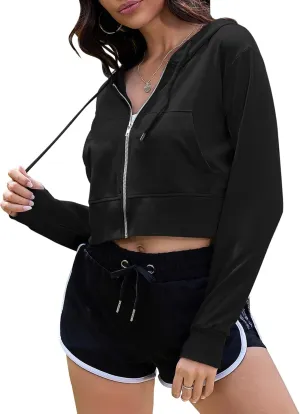 COZYPOIN Women's Zip Up Hoodies Cropped Casual Pocketed Cardigan Jacket Drawstring Hooded Sweatshirts