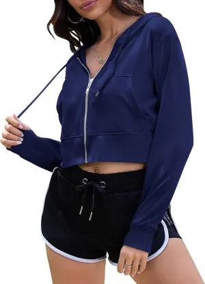 COZYPOIN Women's Zip Up Hoodies Cropped Casual Pocketed Cardigan Jacket Drawstring Hooded Sweatshirts
