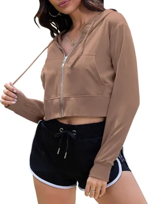 COZYPOIN Women's Zip Up Hoodies Cropped Casual Pocketed Cardigan Jacket Drawstring Hooded Sweatshirts