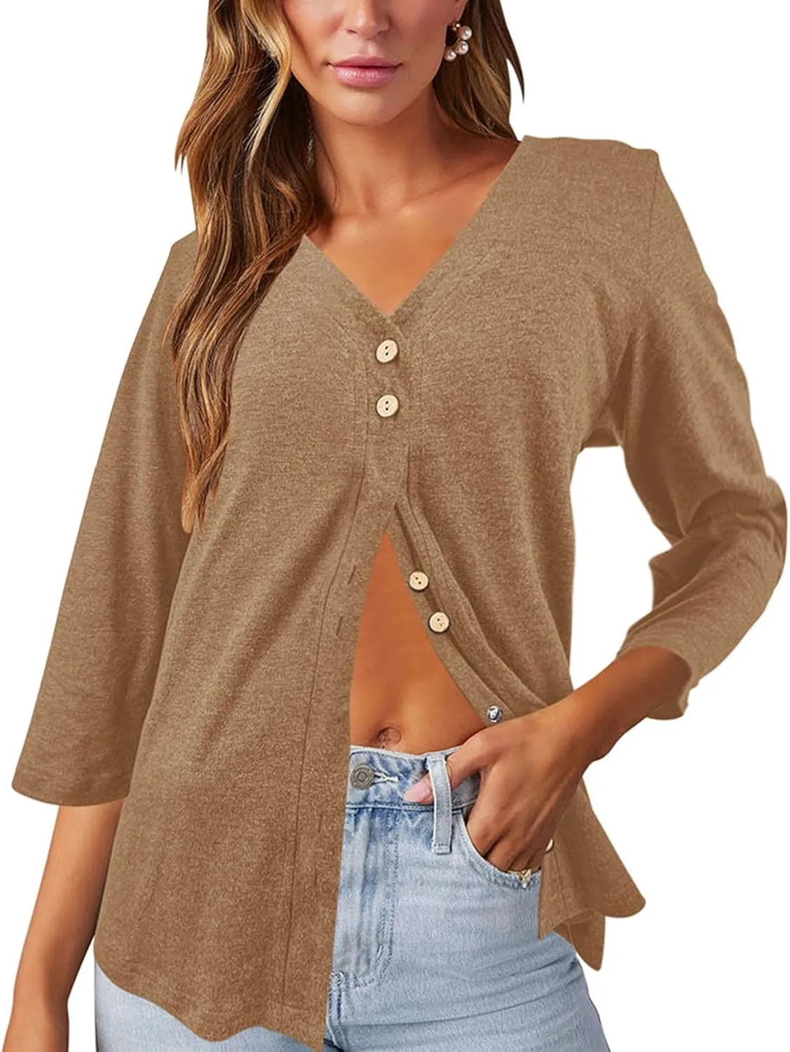 Dailiup Women's V Neck 3/4 Sleeve T-Shirts Button Down Cardigans Casual Solid Tunic Tops Basic Tees Blouses