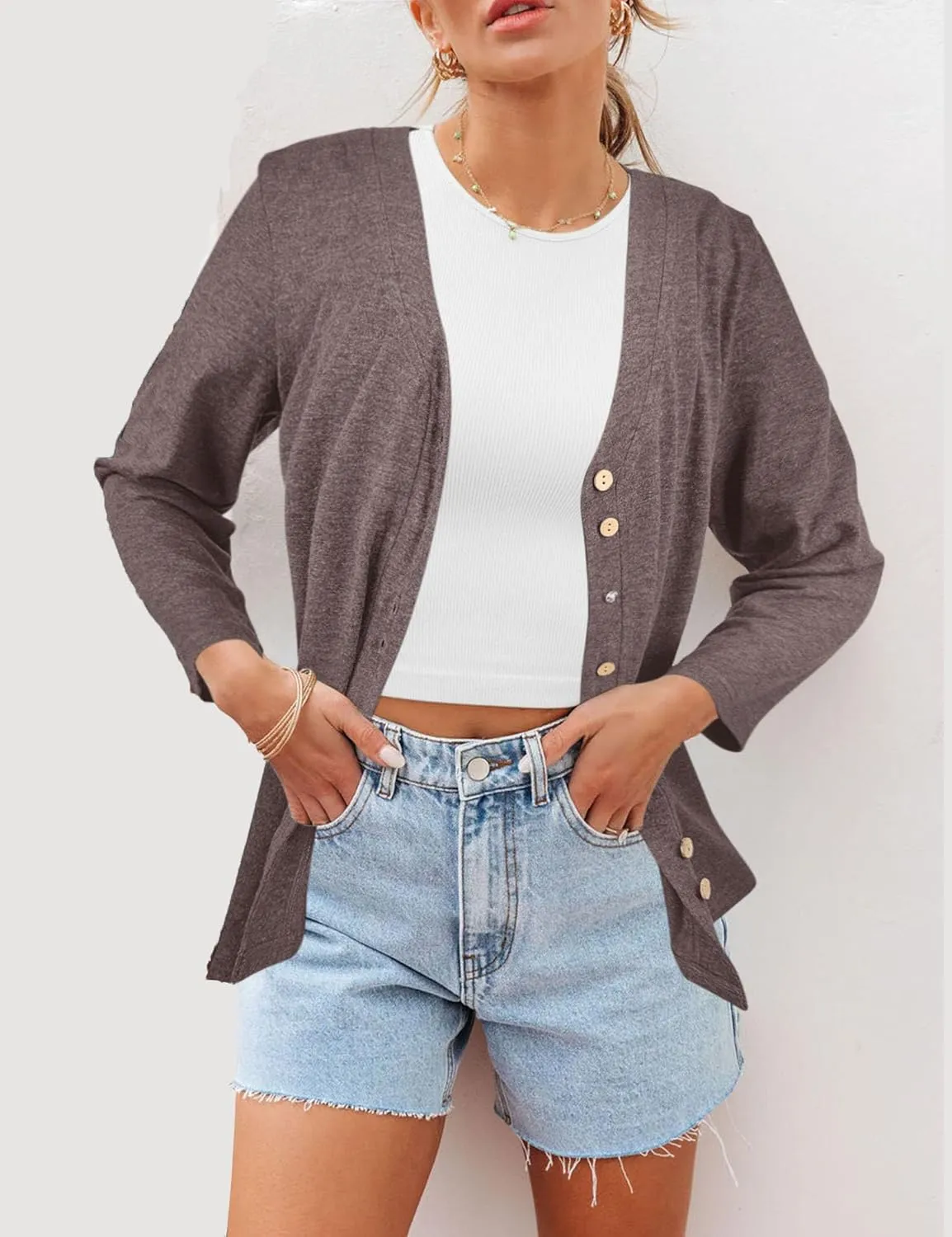 Dailiup Women's V Neck 3/4 Sleeve T-Shirts Button Down Cardigans Casual Solid Tunic Tops Basic Tees Blouses
