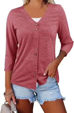 Dailiup Women's V Neck 3/4 Sleeve T-Shirts Button Down Cardigans Casual Solid Tunic Tops Basic Tees Blouses