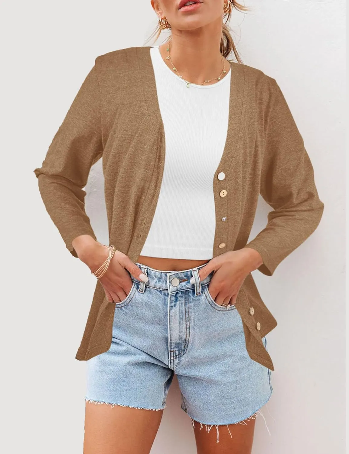 Dailiup Women's V Neck 3/4 Sleeve T-Shirts Button Down Cardigans Casual Solid Tunic Tops Basic Tees Blouses