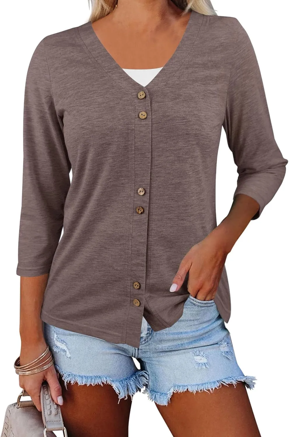 Dailiup Women's V Neck 3/4 Sleeve T-Shirts Button Down Cardigans Casual Solid Tunic Tops Basic Tees Blouses