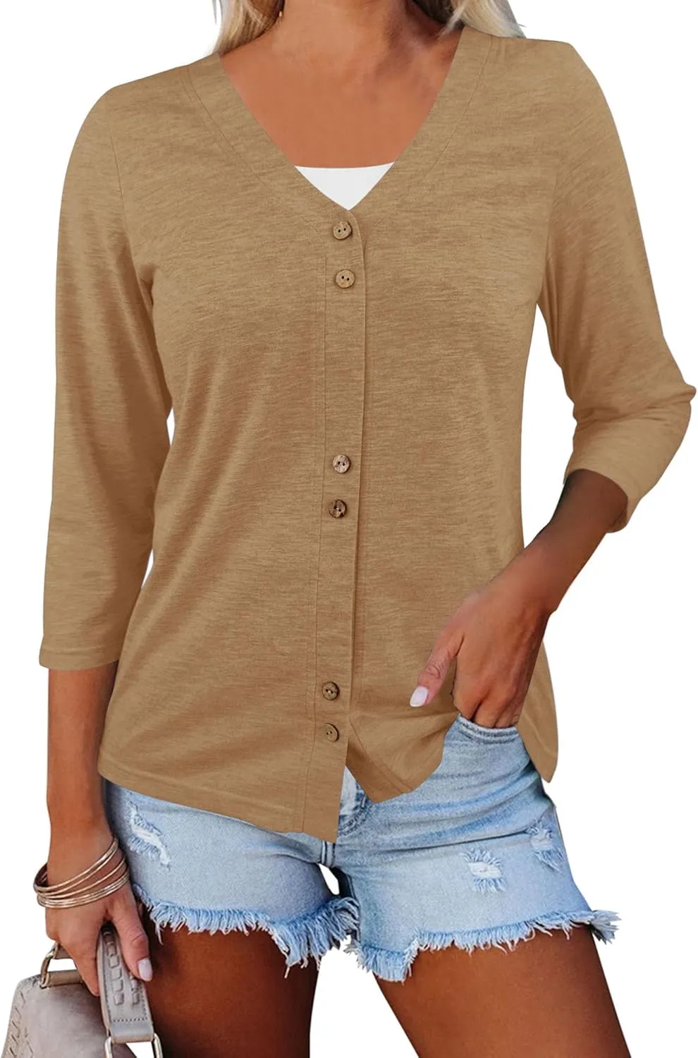 Dailiup Women's V Neck 3/4 Sleeve T-Shirts Button Down Cardigans Casual Solid Tunic Tops Basic Tees Blouses