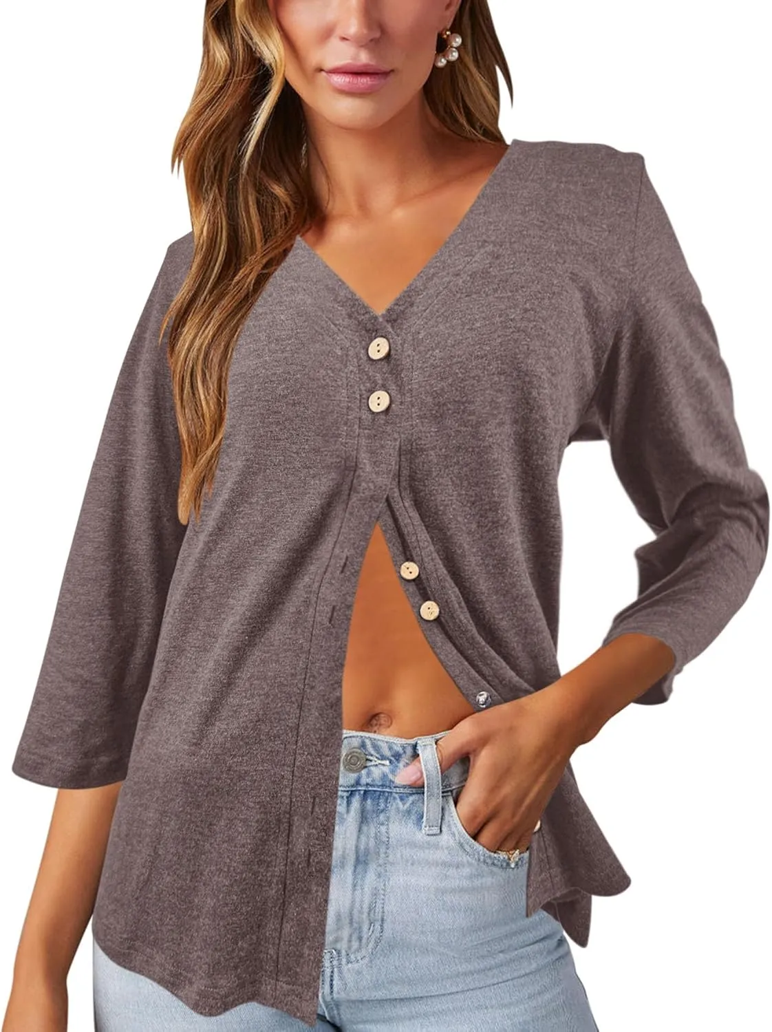 Dailiup Women's V Neck 3/4 Sleeve T-Shirts Button Down Cardigans Casual Solid Tunic Tops Basic Tees Blouses