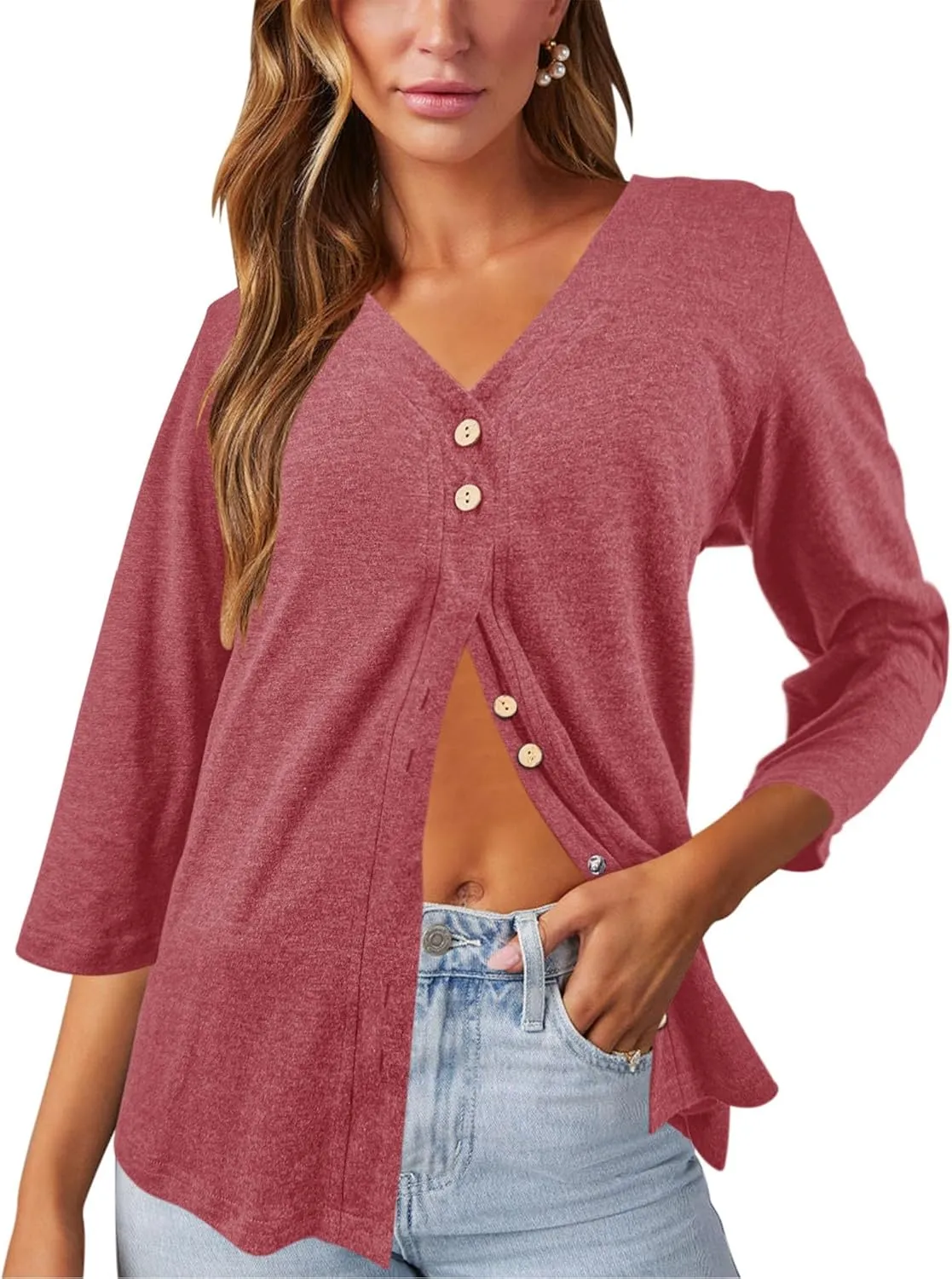 Dailiup Women's V Neck 3/4 Sleeve T-Shirts Button Down Cardigans Casual Solid Tunic Tops Basic Tees Blouses