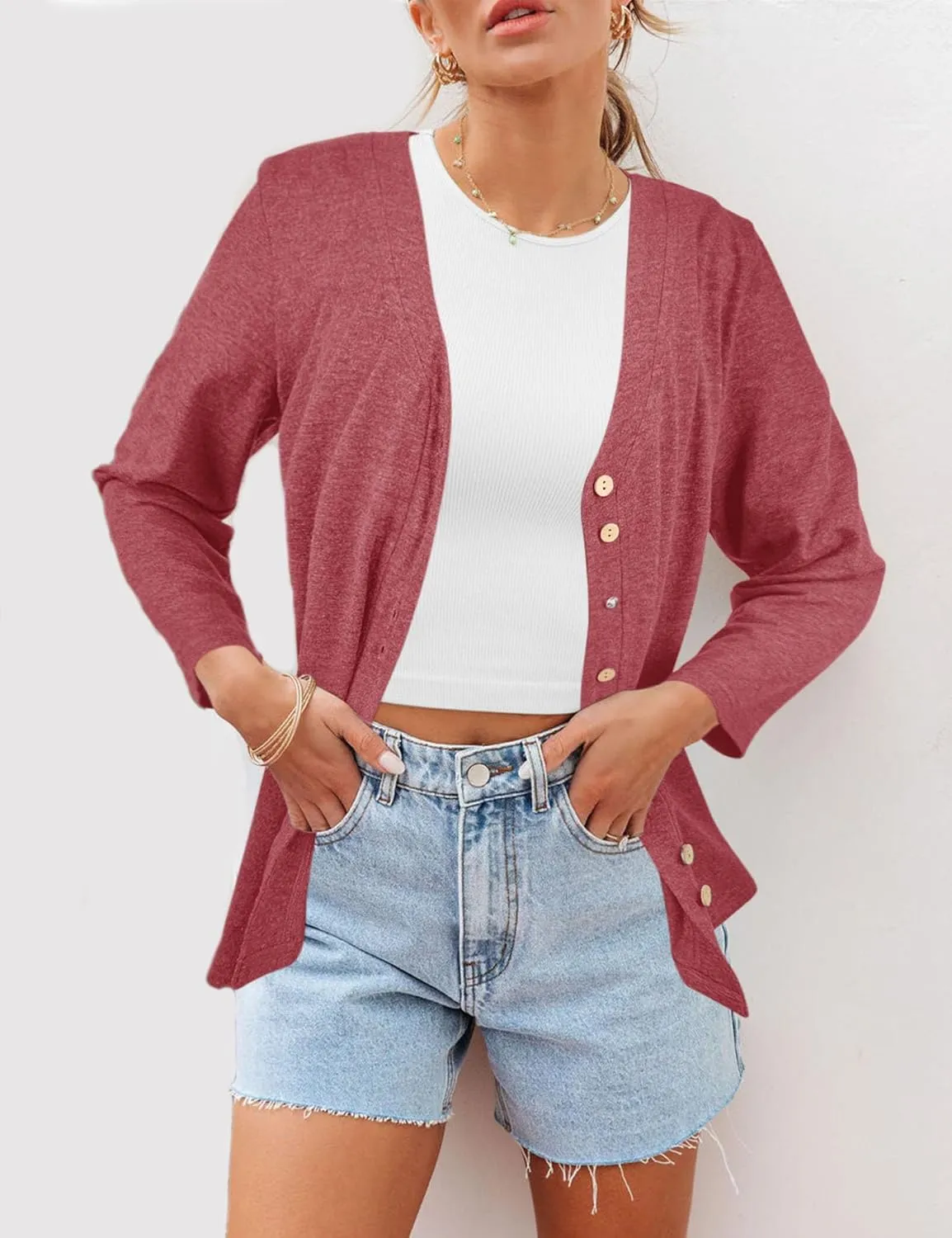 Dailiup Women's V Neck 3/4 Sleeve T-Shirts Button Down Cardigans Casual Solid Tunic Tops Basic Tees Blouses