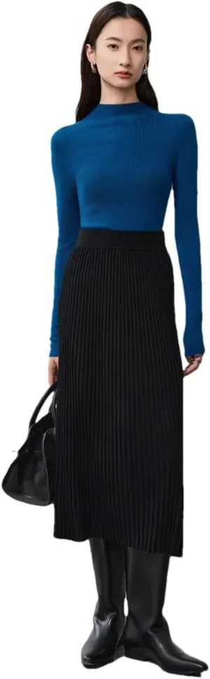 Deepsko Women's Wool Knitted Skirt Elastic Waist Pleated Warm A-Line Solid Color Midi Skirts