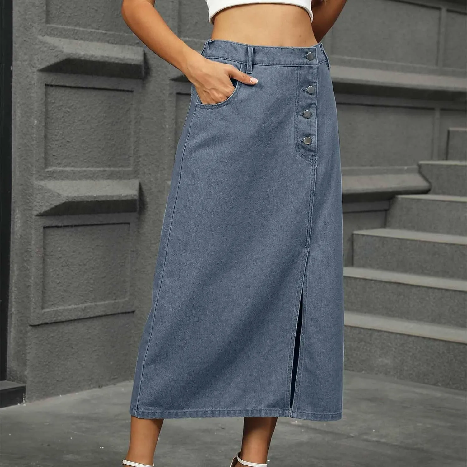 Denim Maxi Skirt Women Button Split Pocket Vintage Beach Vacation Daily