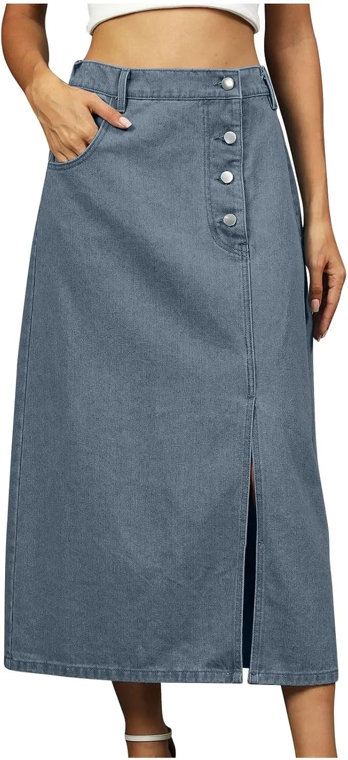Denim Maxi Skirt Women Button Split Pocket Vintage Beach Vacation Daily