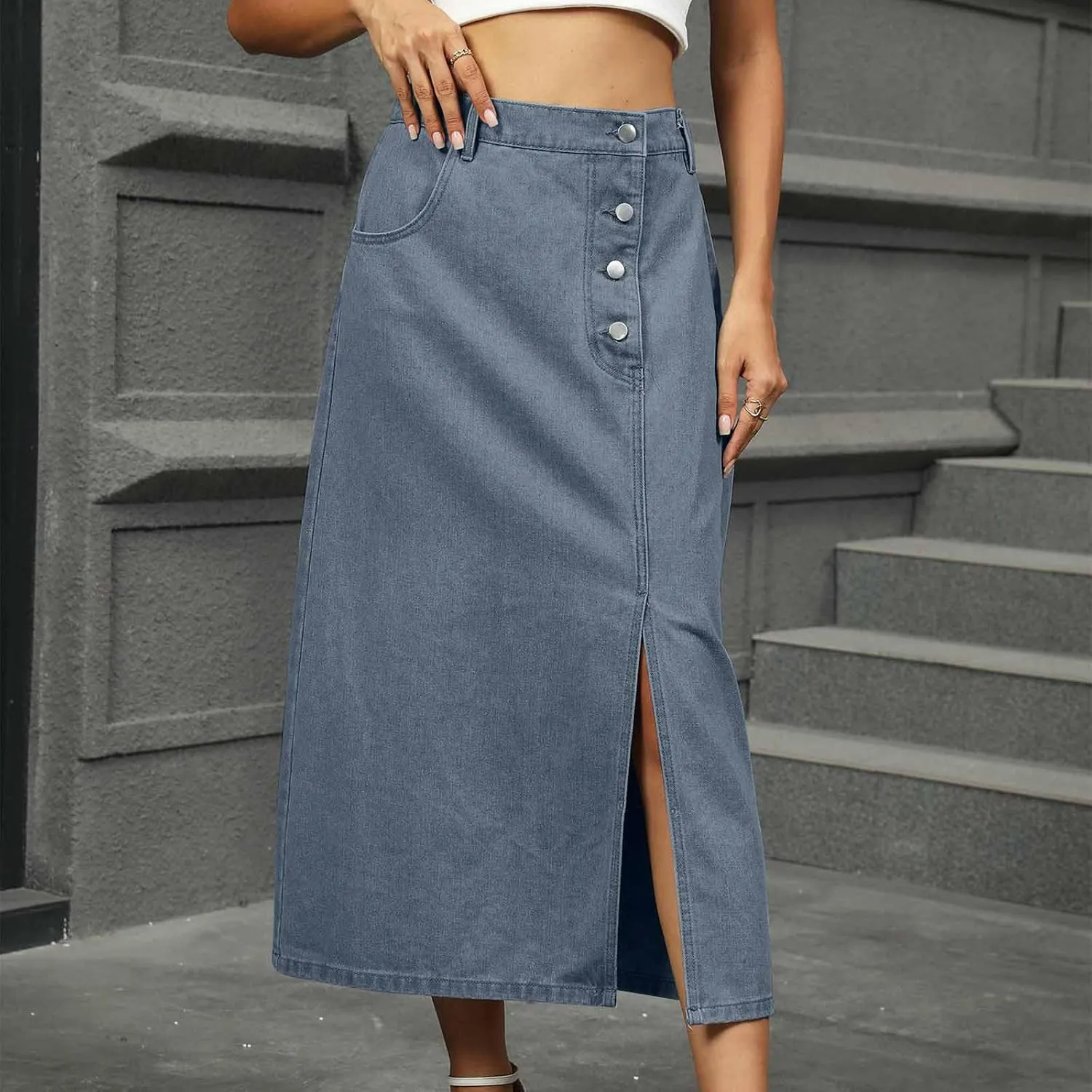 Denim Maxi Skirt Women Button Split Pocket Vintage Beach Vacation Daily