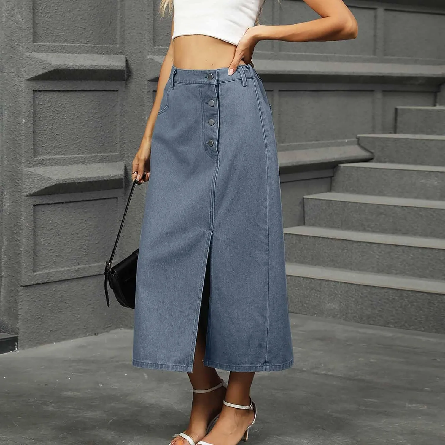 Denim Maxi Skirt Women Button Split Pocket Vintage Beach Vacation Daily