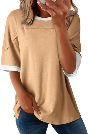 Dokotoo Summer Tops for Women 2025 Loose Oversized T Shirts Crewneck Color Block Side Slits Basic Tee Blouses