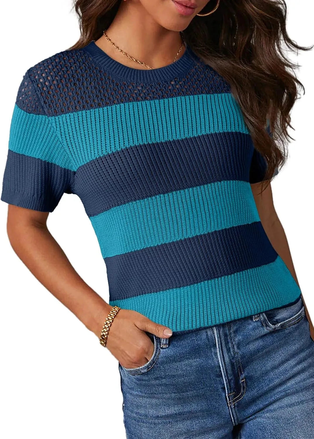 Dokotoo Womens Summer Tops Casual Short Sleeve Crewneck Striped Color Block Knit T Shirts Trendy Pullover Sweaters Blouses