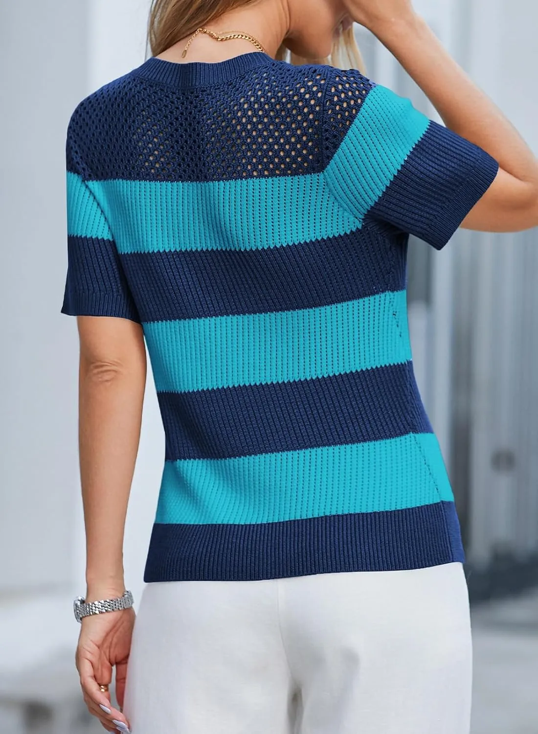 Dokotoo Womens Summer Tops Casual Short Sleeve Crewneck Striped Color Block Knit T Shirts Trendy Pullover Sweaters Blouses