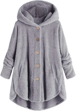 DOLKFU Women's Sherpa Hoodies Coats Button Outwear Jackets Fuzzy Fleece Trench Long Jacket 2022 Fall Winter Cute Hooded