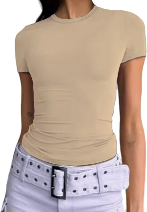 Dwnval Women Sexy Basic T Shirts Tops Summer Short Sleeve Crewneck Slim Fit Cute Crop Top Blouses