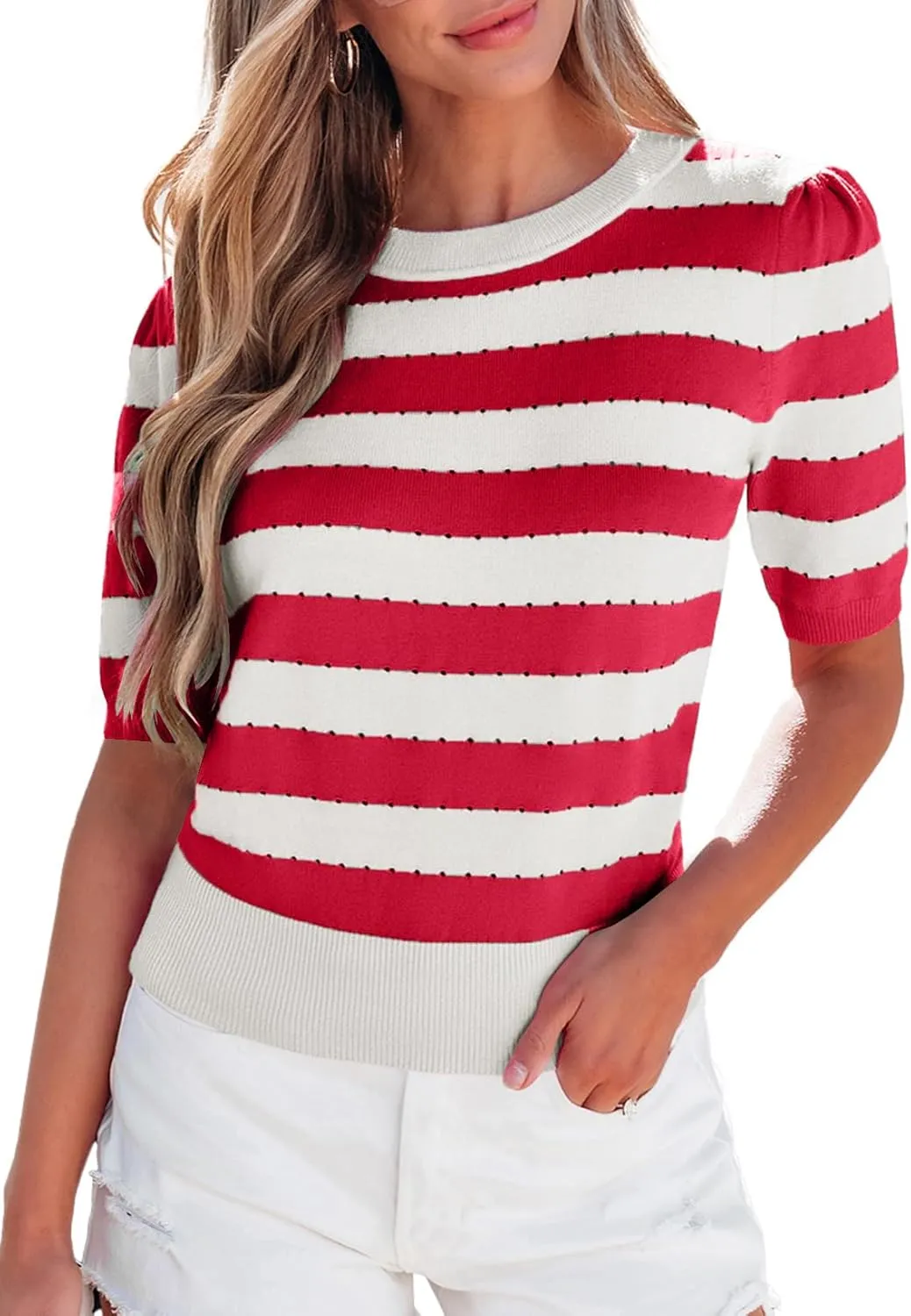 EVALESS Women's Short Sleeve Sweaters Tops Trendy Crewneck Striped Hollow Out Knit T Shirts Casual Summer Blouses
