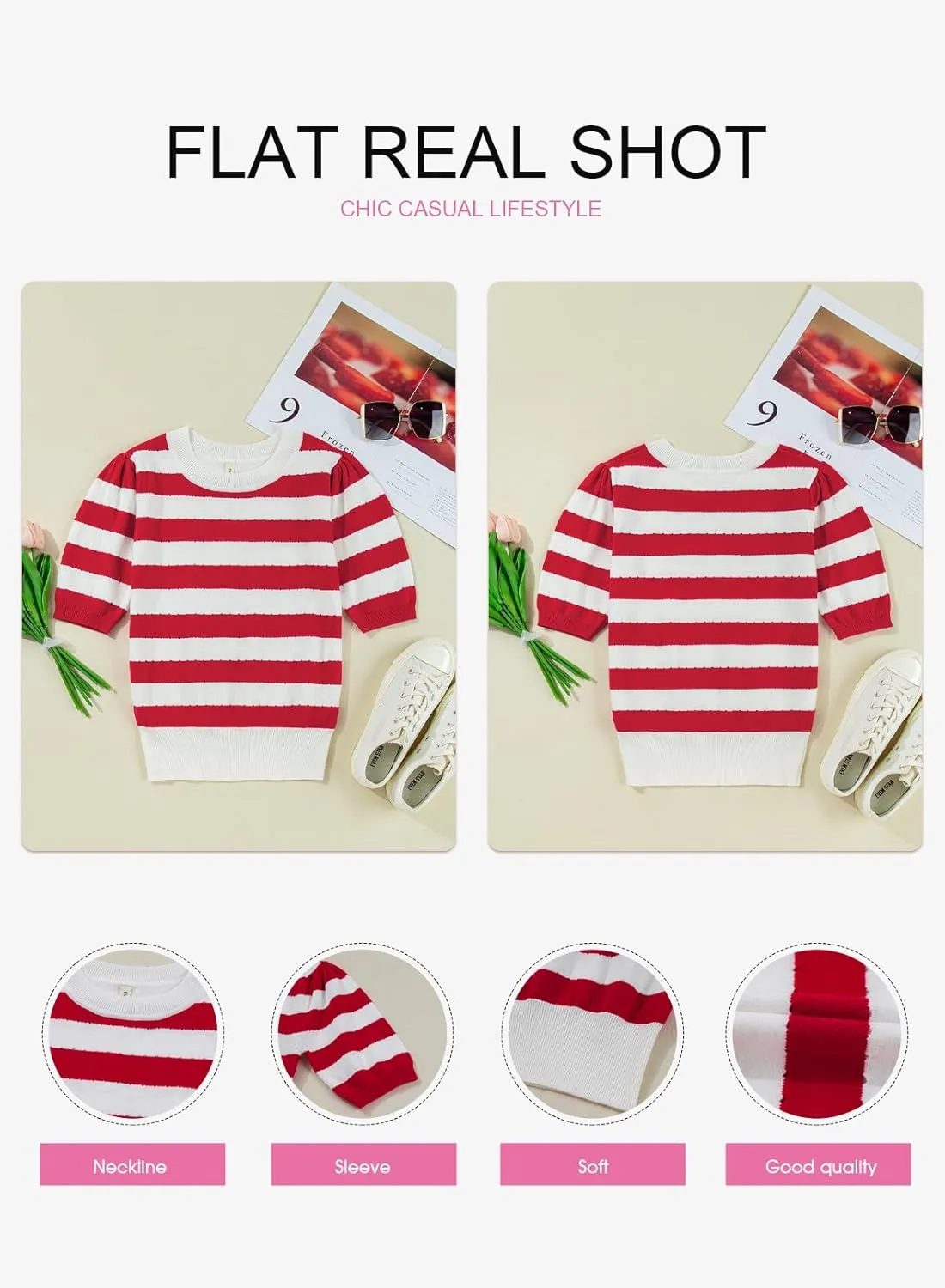 EVALESS Women's Short Sleeve Sweaters Tops Trendy Crewneck Striped Hollow Out Knit T Shirts Casual Summer Blouses