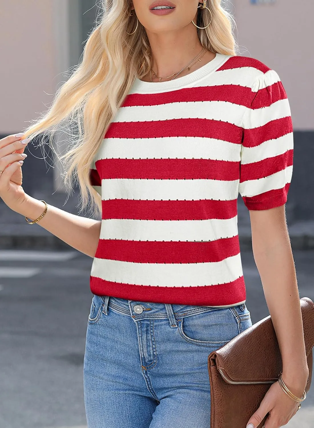 EVALESS Women's Short Sleeve Sweaters Tops Trendy Crewneck Striped Hollow Out Knit T Shirts Casual Summer Blouses