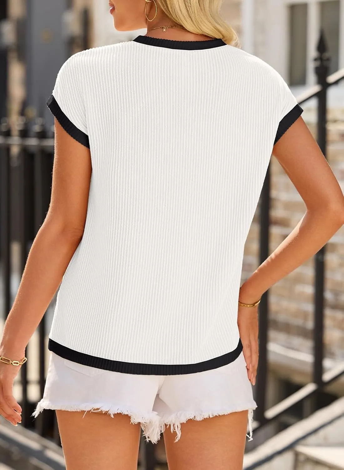 EVALESS Women's Short Sleeve T Shirts Crewneck Color Block Ribbed Knit Tee Blouses 2025 Trendy Summer Tops