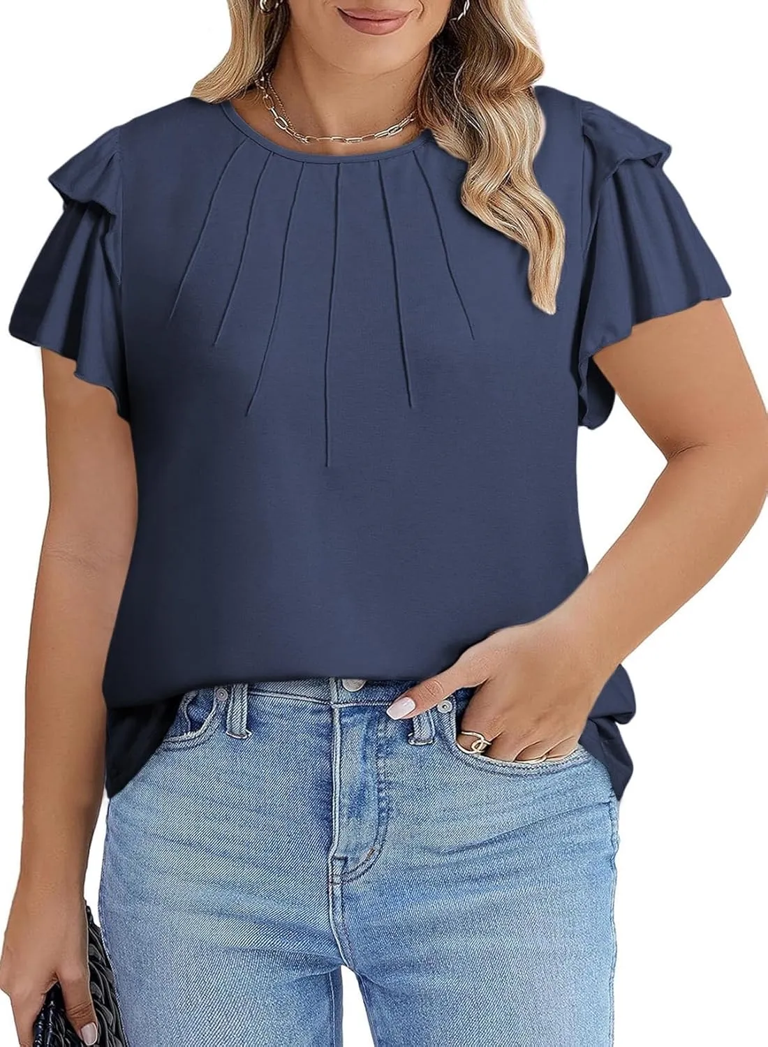 Eytino Women Plus Size Tops Ruffle Short Sleeve Crew Neck Summer Loose Casual Blouse T Shirts(1X-5X)