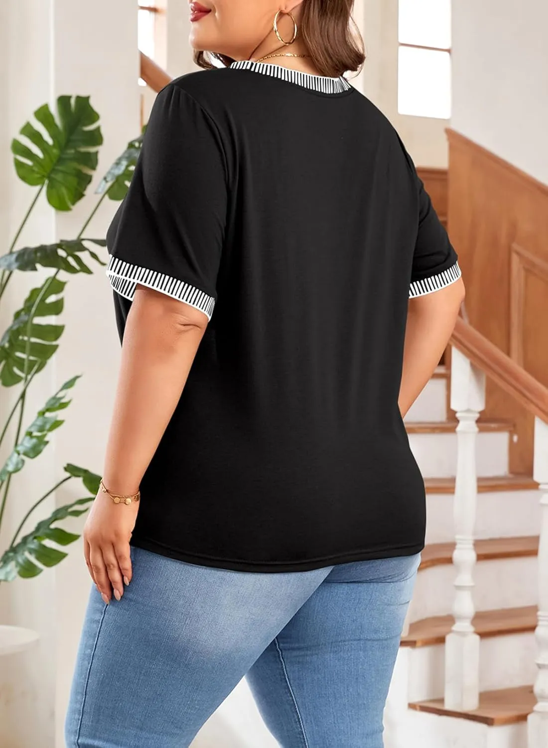 Eytino Womens Plus Size T Shirts Crewneck Striped Color Block Short Sleeve Tops Loose Casual Tee Shirts Blouse(1X-5X)