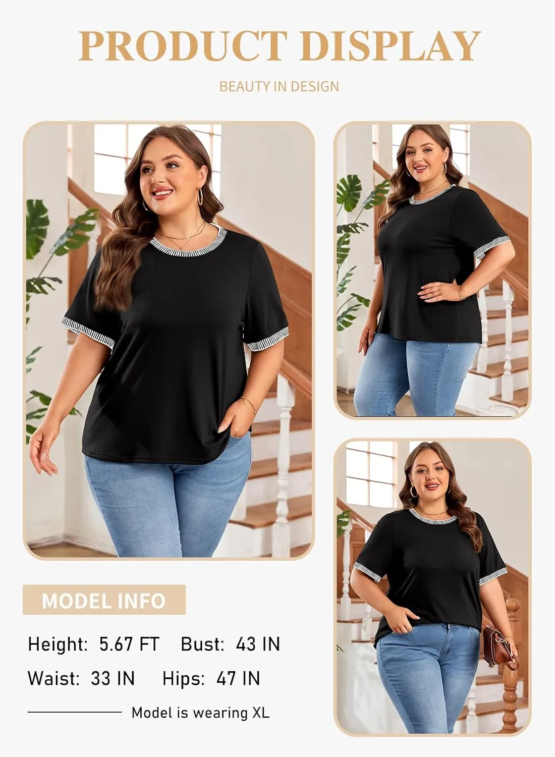 Eytino Womens Plus Size T Shirts Crewneck Striped Color Block Short Sleeve Tops Loose Casual Tee Shirts Blouse(1X-5X)