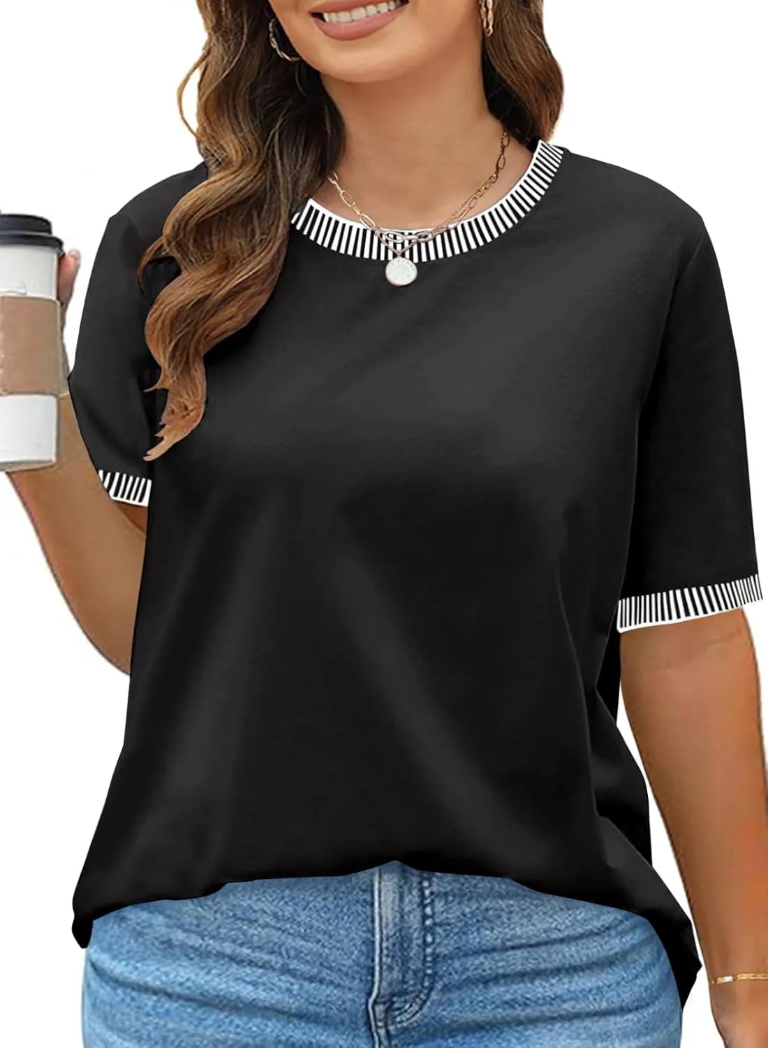 Eytino Womens Plus Size T Shirts Crewneck Striped Color Block Short Sleeve Tops Loose Casual Tee Shirts Blouse(1X-5X)