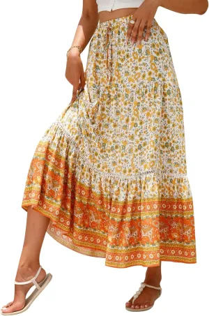 Ezcosplay Women Long Skirts Boho Floral Elastic High Waist Flowy Beach A Line Maxi Skirt