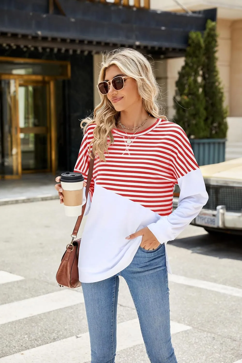 Fashionme 2025 Womens Striped Color Block Tunic Tops Side Slits Spring Long Sleeve T-shirts Sweatshirt Crewneck Loose Trendy