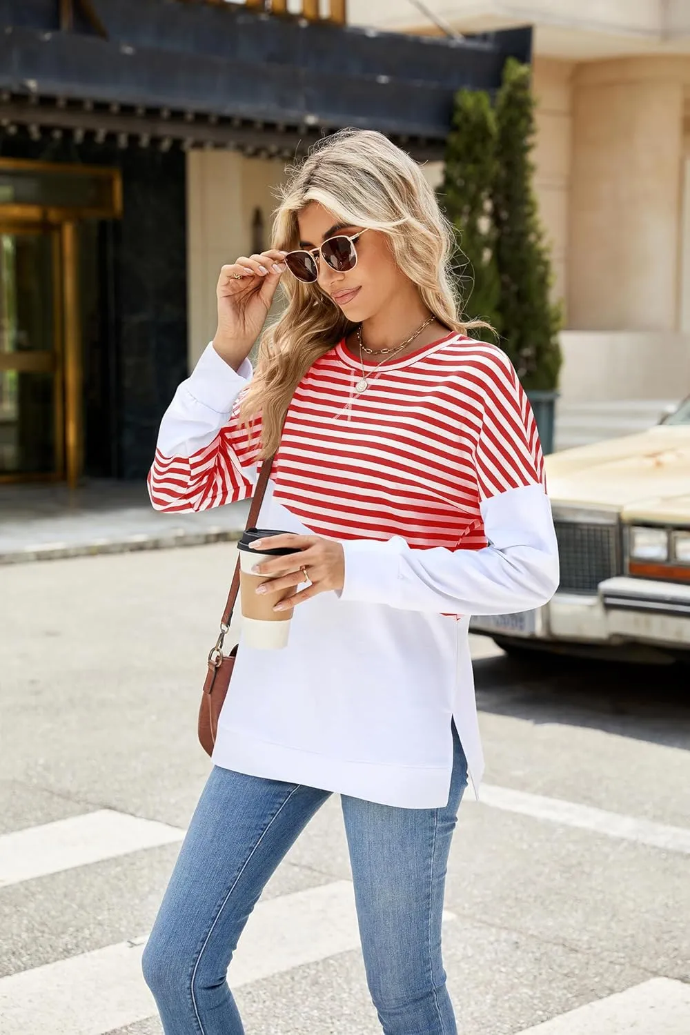 Fashionme 2025 Womens Striped Color Block Tunic Tops Side Slits Spring Long Sleeve T-shirts Sweatshirt Crewneck Loose Trendy